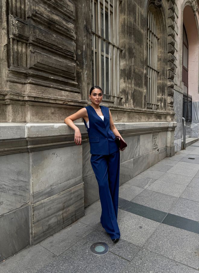 Ouz Fashion Σετ Παντελονιών Με Γιλέκο Με Κουμπί Και Ζώνη Από Πολυβισκόζη Indigo Χονδρικό εμπόριο ενδυμάτων Κομψό