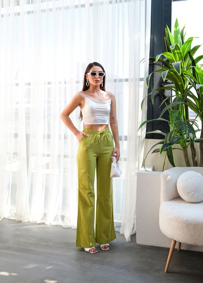 Ouz Fashion Pantalón Palazzo Verde Cintura Alta Pierna Ancha Ropa al por mayor Casual