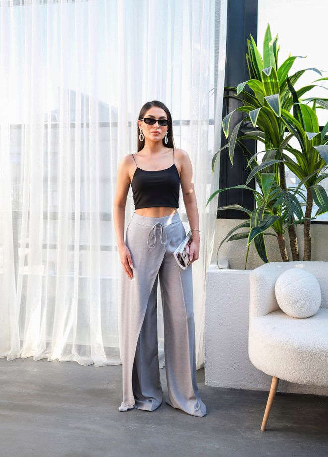 Ouz Fashion Pantalón Palazzo Gris Con Pierna Ancha Y Cordón Ropa al por mayor Casual
