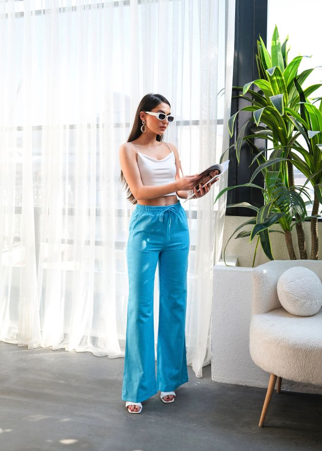 Ouz Fashion Pantalón Palazzo Azul Con Pierna Ancha Y Cordón Ropa al por mayor Casual