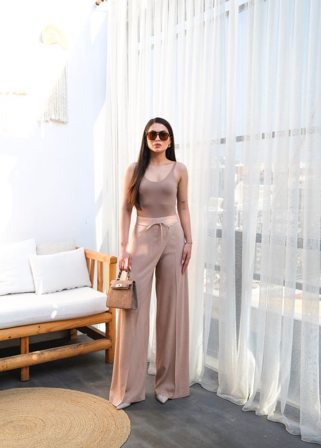 Ouz Fashion Pantalón Beige Elegante Casual Boho Palazzo Largo Cintura Alta Sin Bolsillos Con Atar Ropa al por mayor Casual