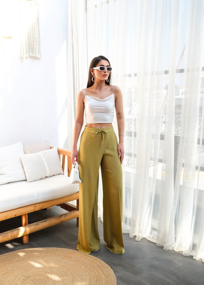 Ouz Fashion Pantalón Caqui Envolvente Pierna Ancha Cintura Alta Largo Cordón Ropa al por mayor Casual