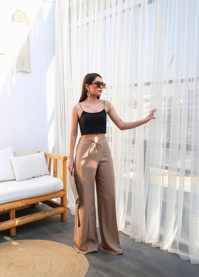 Ouz Fashion Pantalón Palazzo Beige Con Cintura Alta Y Cordón Ropa al por mayor Casual