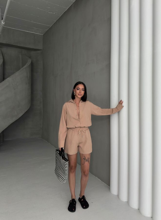 Ouz Fashion Conjunto Beige Casual Elegante Con Pantalones Tipo Bolsa De Papel Ropa al por mayor Modesto