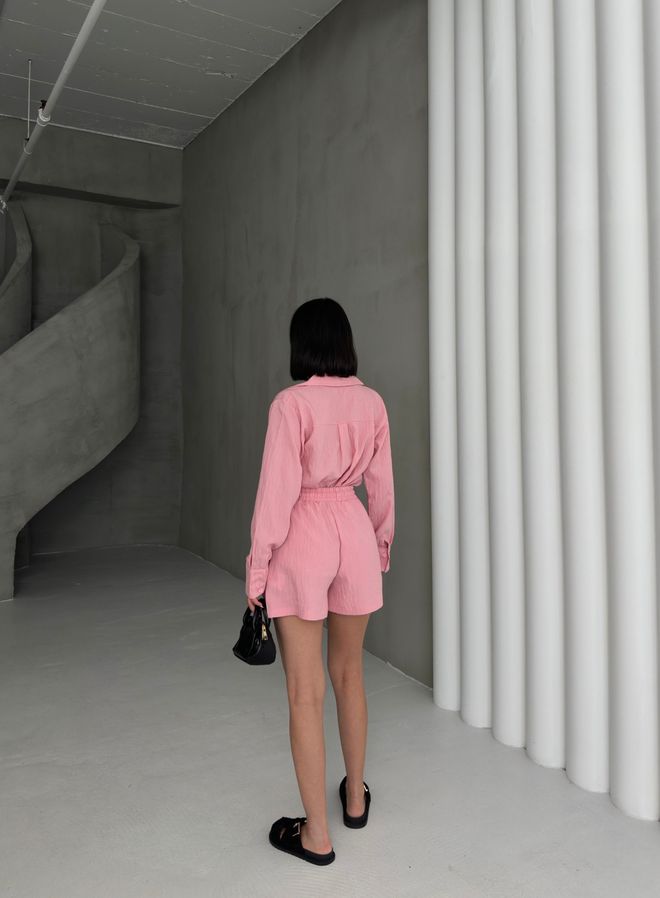 Ouz Fashion Pink Casual Streetwear Paper Bag Shorts Set Wholesale Clothing Modest