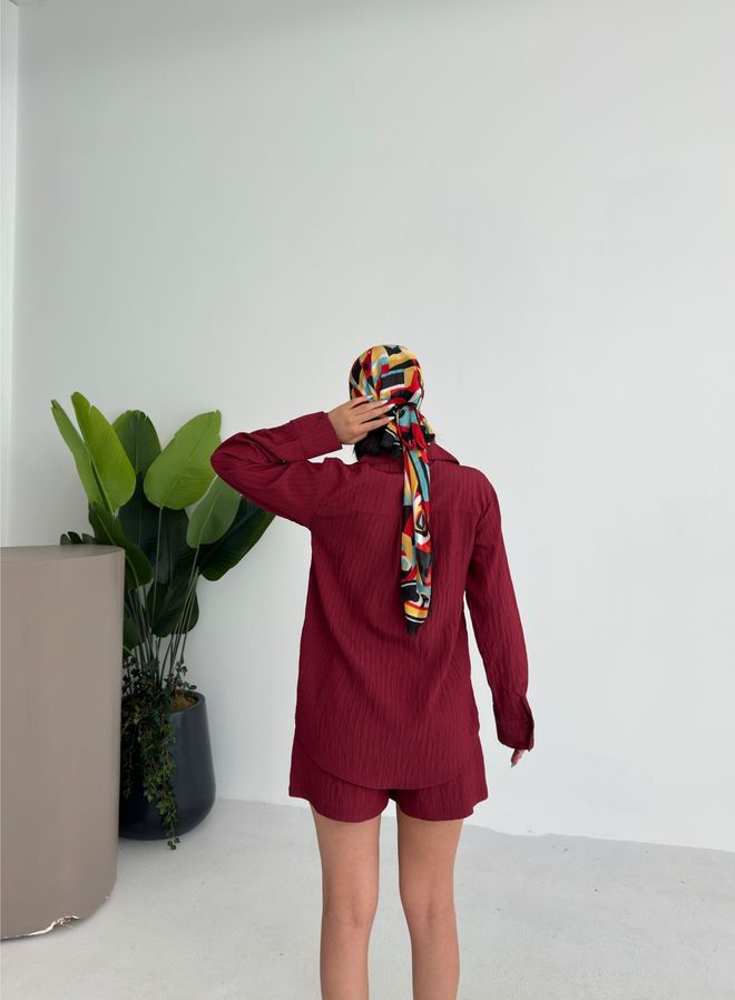 Ouz Fashion Claret Red Set With Buttoned Closure & Smocked Shorts Wholesale Clothing Modest
