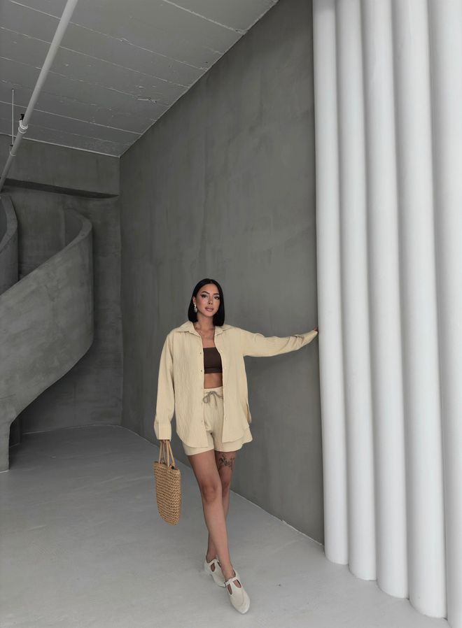 Ouz Fashion Conjunto Beige Casual Abotonado Con Shorts Smock Ropa al por mayor Modesto