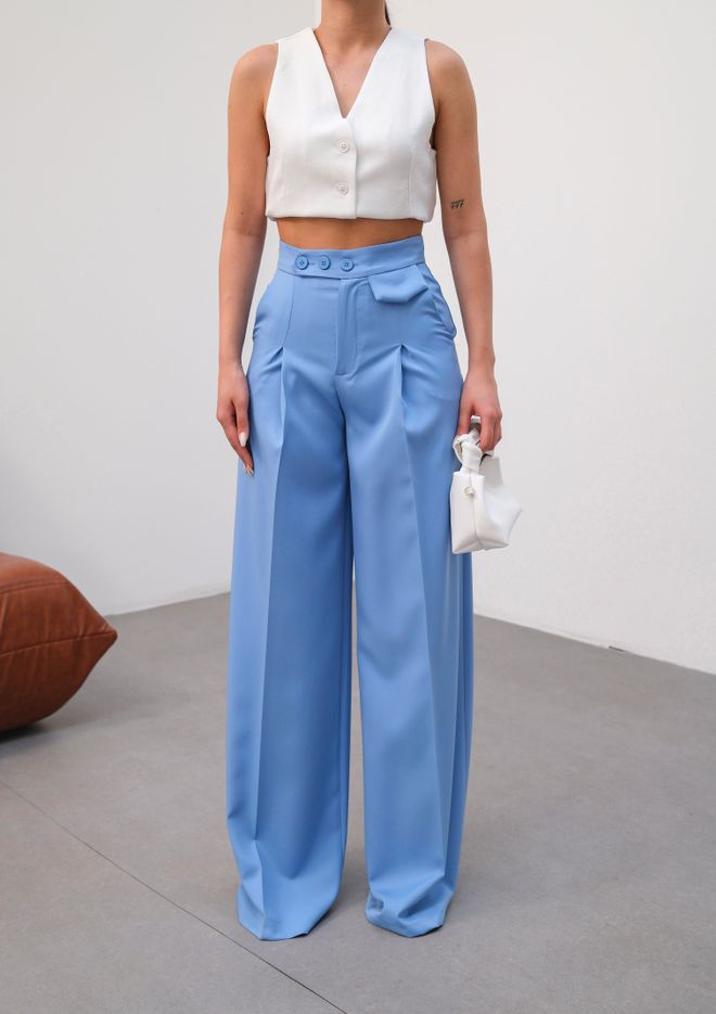 Ouz Fashion Three Button Detailed Palazzo Pants Wholesale Clothing Birthday