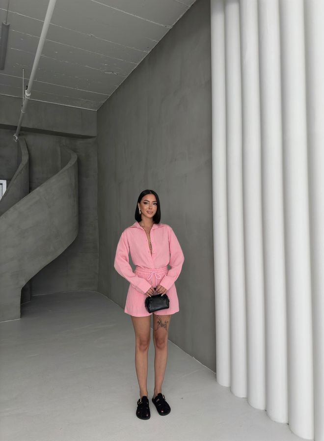 Ouz Fashion Rinkinys Rožinė Kasdienis Streetwear Popierinė Krepšio Šortai Didmeninė prekyba drabužiais Apykaklė su įkirpimu