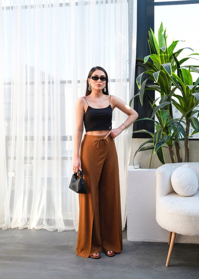 Ouz Fashion Hnedé Zavinovacie Nohavice So Širokými Nohami A Vysokým Pásom Veľkoobchod s oblečením Neformálny