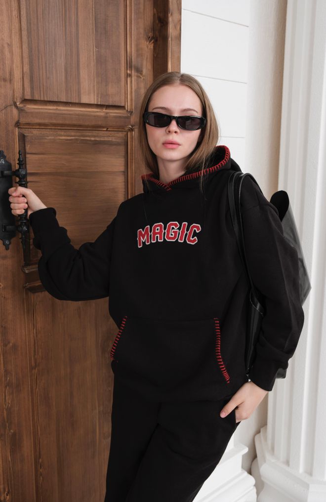 Ouz Fashion Schwarzer Trainingsanzug Mit Kapuze Und Weitem Palazzo Hosenbein Großhandelskleidung Lässig