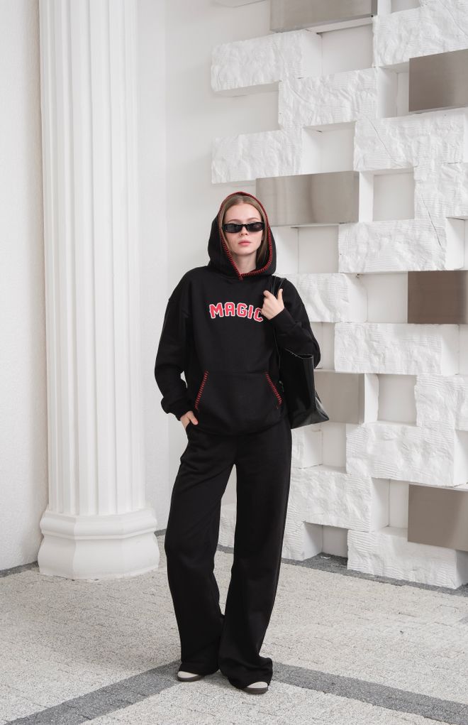 Ouz Fashion Tuta Nera Con Cappuccio E Pantaloni Palazzo A Gamba Larga Abbigliamento all'ingrosso Primavera