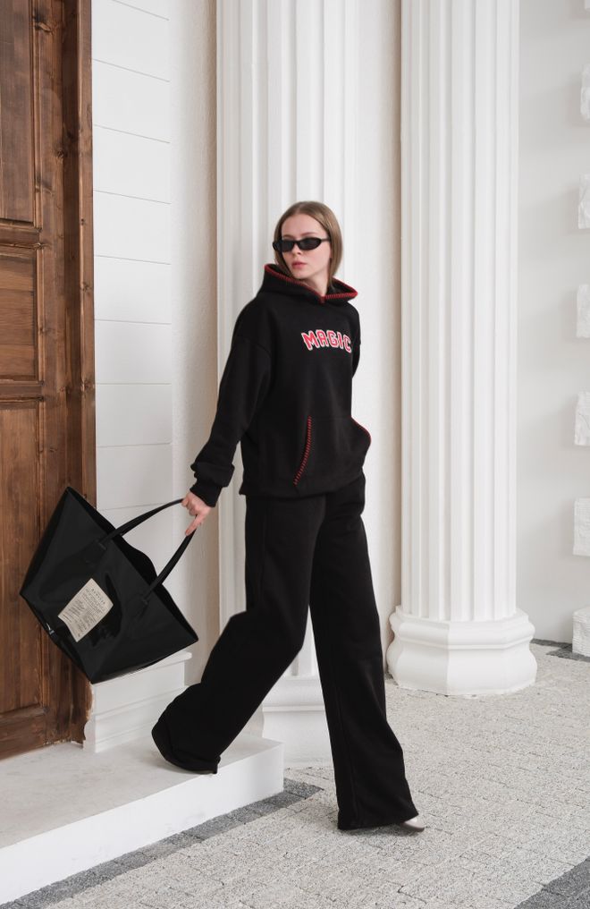 Ouz Fashion Tuta Nera Con Cappuccio E Pantaloni Palazzo A Gamba Larga Abbigliamento all'ingrosso Sportivo