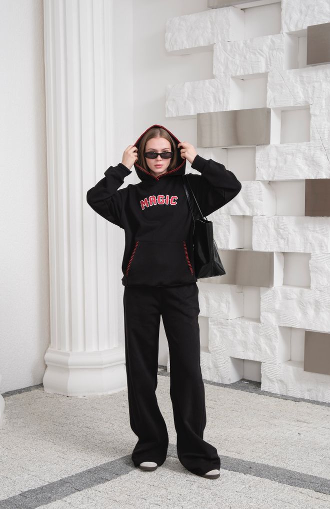 Ouz Fashion Tuta Nera Con Cappuccio E Pantaloni Palazzo A Gamba Larga Abbigliamento all'ingrosso Da cocktail