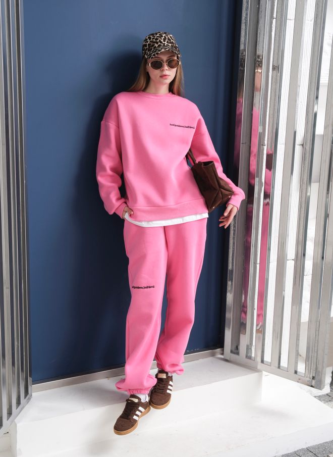 Ouz Fashion Rosa Trainingsanzug Oversized Jogger Mit Rundhalsausschnitt Großhandelskleidung Lässig