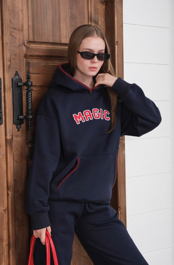 Ouz Fashion Trainingsanzug Marineblau Mit Kapuzenausschnitt Und Kängurutasche Großhandelskleidung Lässig