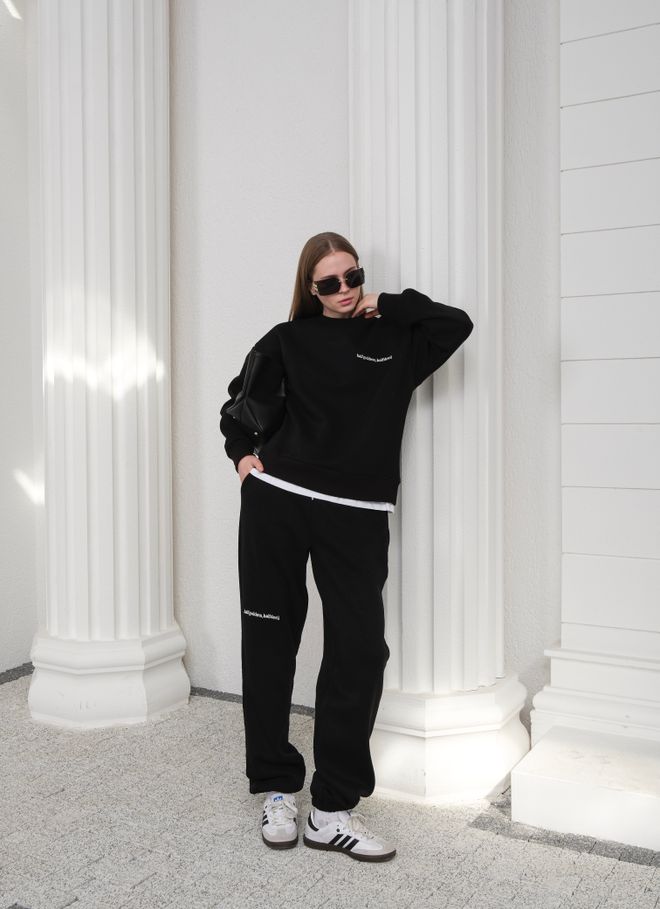 Ouz Fashion Black Tracksuit With Jogger Pants And Crew Neck Wholesale Clothing Sport