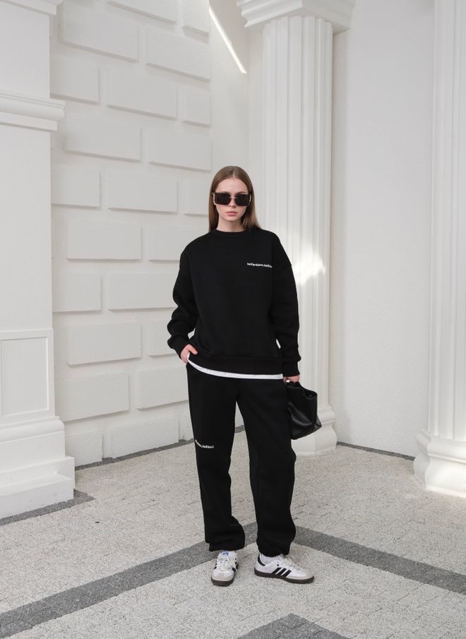 Ouz Fashion Black Tracksuit With Jogger Pants And Crew Neck Wholesale Clothing Spring