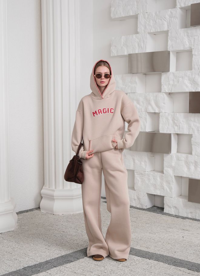 Ouz Fashion Tuta Beige Taglia Oversize Con Tasca A Marsupio E Jogger Lunghi Abbigliamento all'ingrosso Sportivo