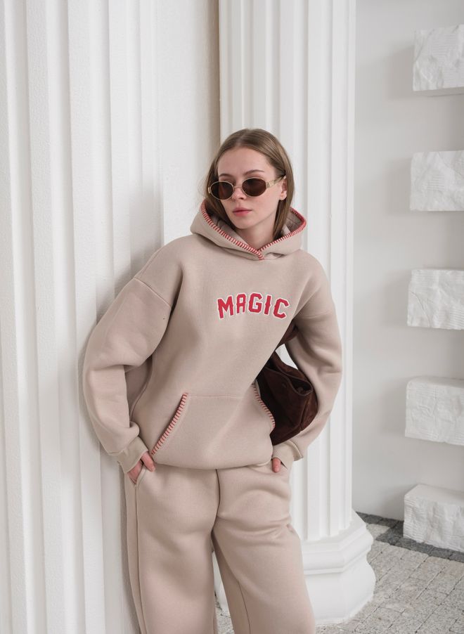 Ouz Fashion Tuta Beige Taglia Oversize Con Tasca A Marsupio E Jogger Lunghi Abbigliamento all'ingrosso 5