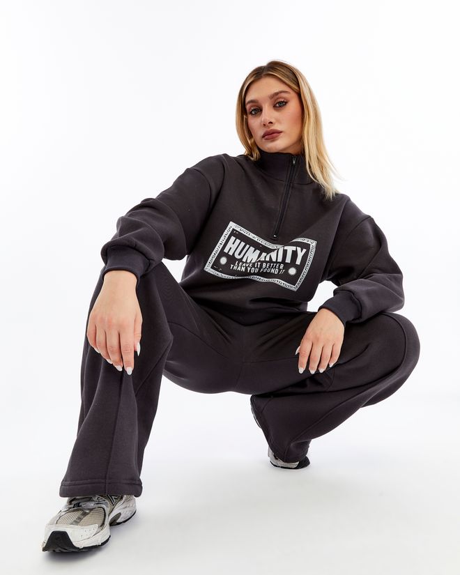 Ouz Fashion Black Tracksuit Set Oversized Fit Letter Print Zip Up Wholesale Clothing Work