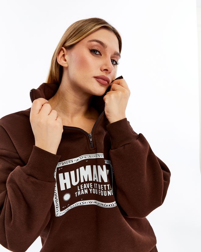 Ouz Fashion Brown Tracksuit With Letter Print High Neck Palazzo Style Wholesale Clothing 1