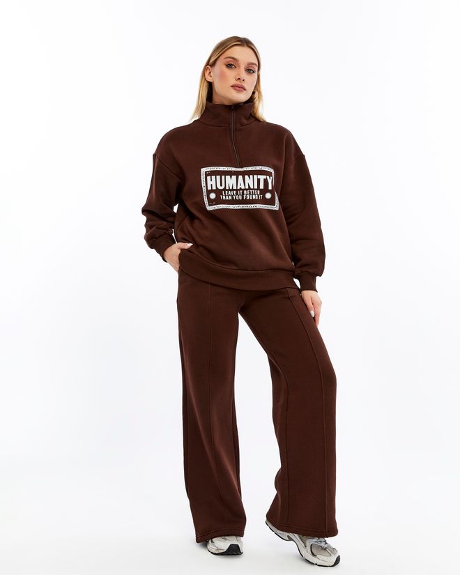 Ouz Fashion Brown Tracksuit With Letter Print High Neck Palazzo Style Wholesale Clothing Spring