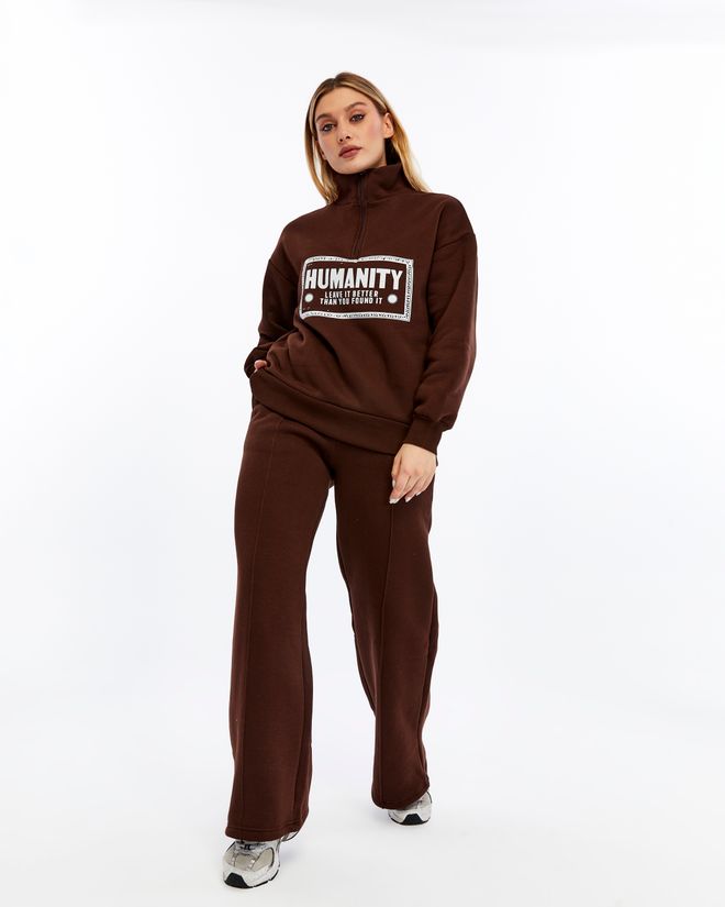 Ouz Fashion Brown Tracksuit With Letter Print High Neck Palazzo Style Wholesale Clothing Fall