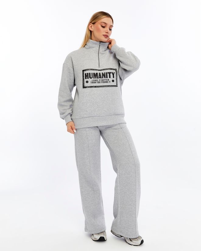 Ouz Fashion Grey Tracksuit With Zip Up Closure And Wide Palazzo Pants Wholesale Clothing 1