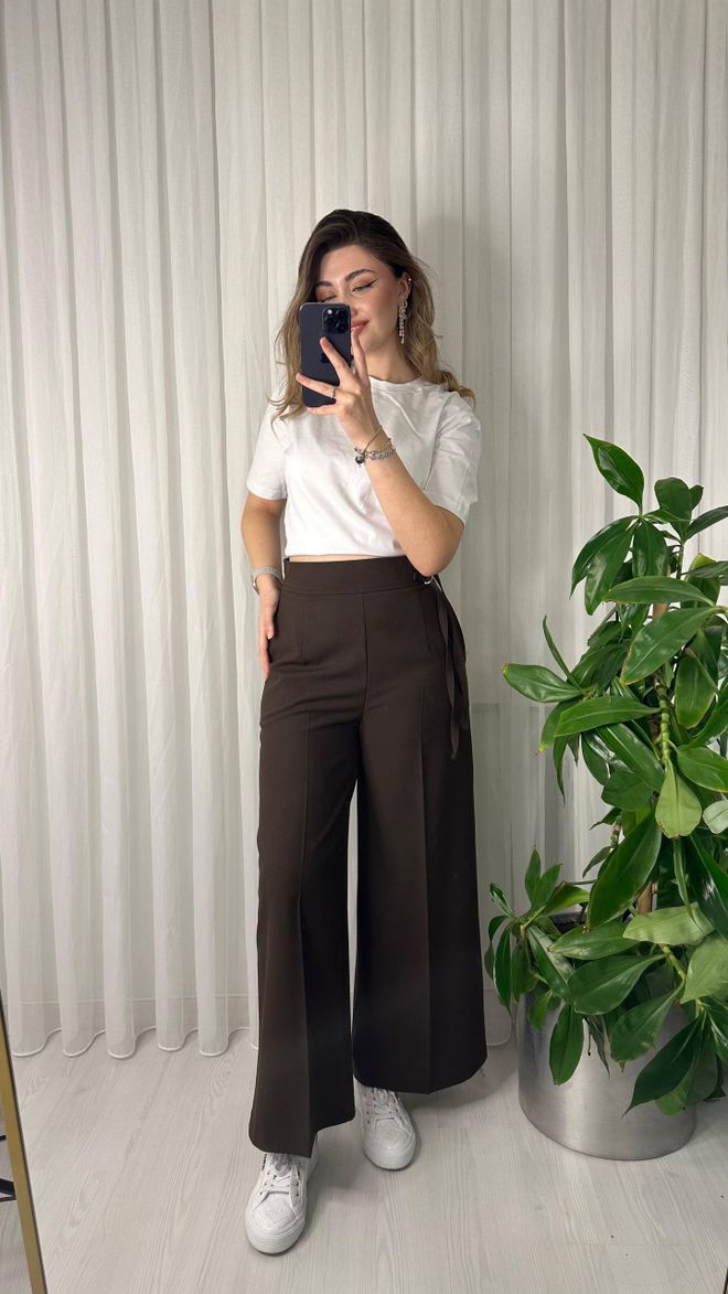 Ouz Fashion Braune Palazzo Hose Weites Bein Hohe Taille Pull On Großhandelskleidung Lässig