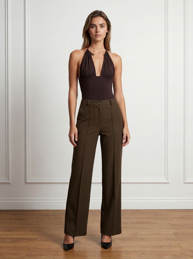 Ouz Fashion Pantalon Chinos Brun Élégant À Jambes Droites Vêtements en gros 1