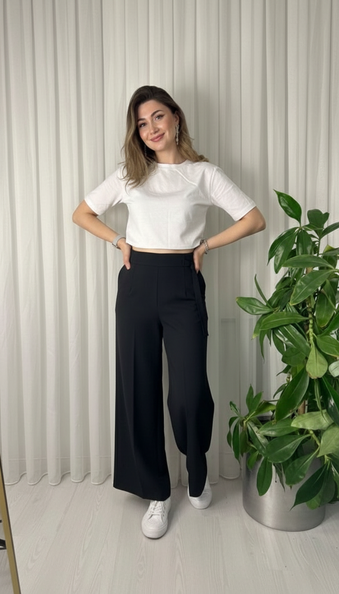 Ouz Fashion Црне Палаззо Панталоне Са Високим Струком И Широким Ногама Велепродаја одеће Неформалан