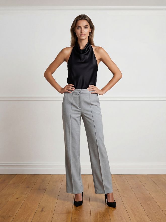 Ouz Fashion بنطال رمادي تشينو رسمي بخصر عالي وساق مستقيمة ملابس بالجملة 1