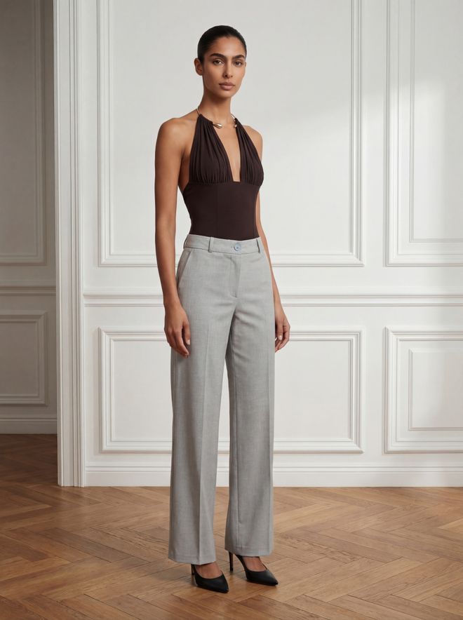 Ouz Fashion Siva Hlače – Elegantne Širokonoge Chinos Visok Pas Dolge Oblačila na debelo 1