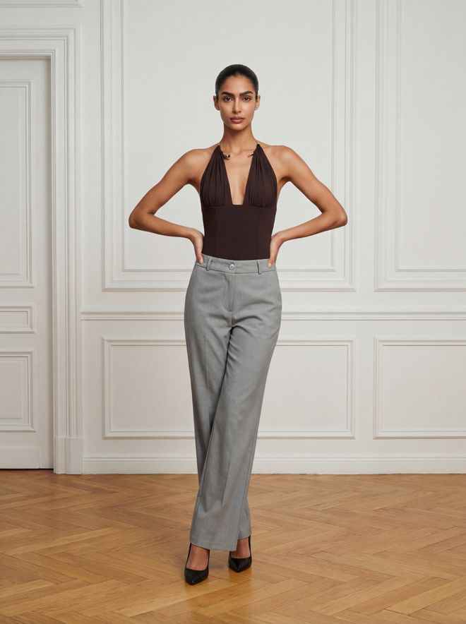 Ouz Fashion Siva Hlače – Elegantne Širokonoge Chinos Visok Pas Dolge Oblačila na debelo Delo