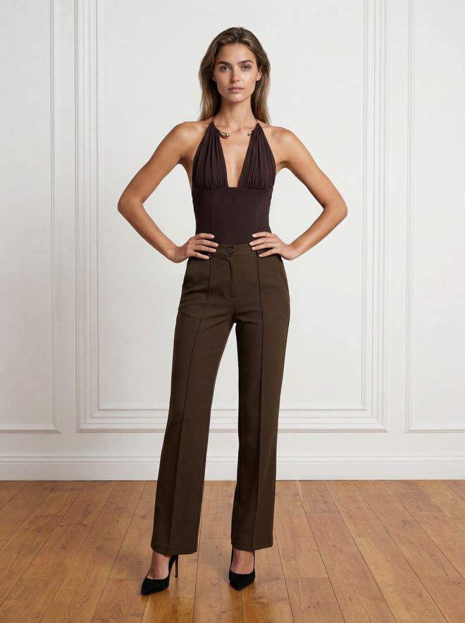 Ouz Fashion Браон Елегантне Панталоне Чинос Са Високим Струком И Косим Џепом Велепродаја одеће Неформалан