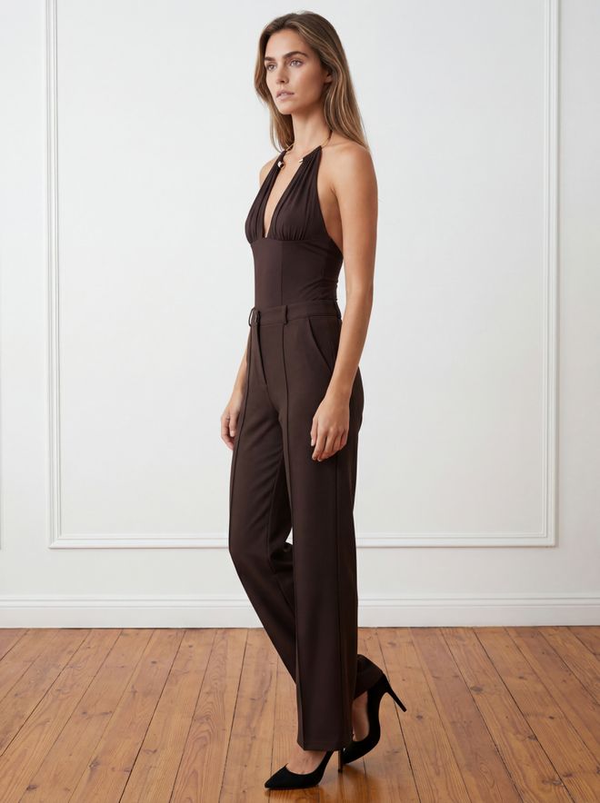 Ouz Fashion Brown Elegant Chinos Pants With High Waist And Slant Pocket Wholesale Clothing 1