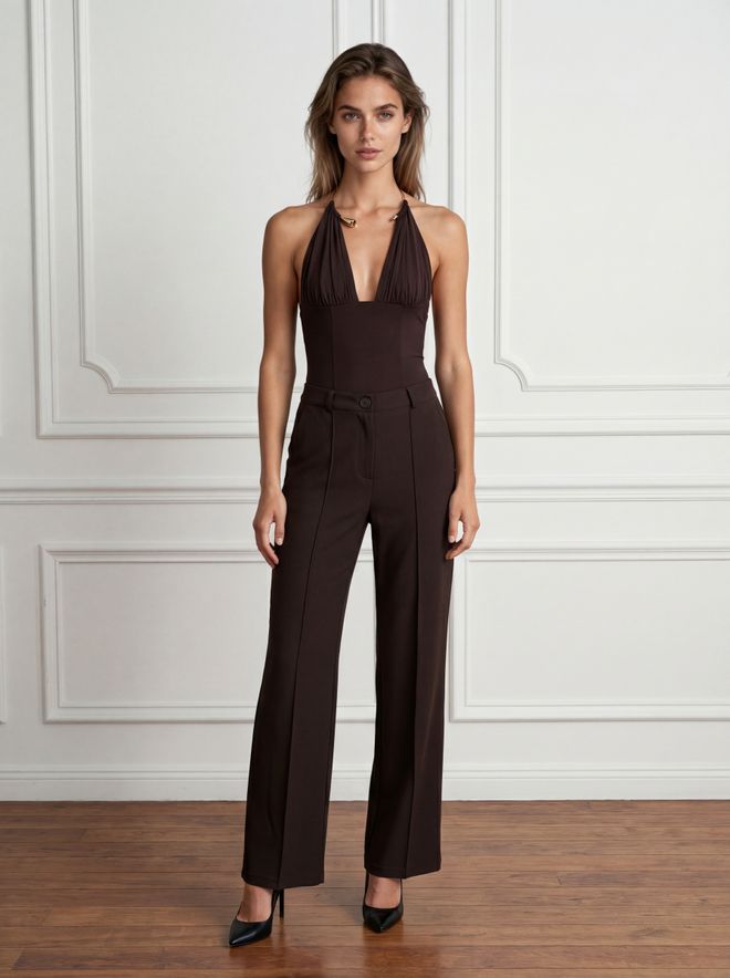 Ouz Fashion Brown Elegant Chinos Pants With High Waist And Slant Pocket Wholesale Clothing Work