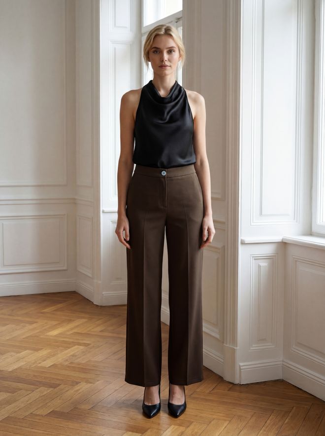 Ouz Fashion Браон Широке Цхинос Панталоне Високог Струка Елегантне Велепродаја одеће Неформалан