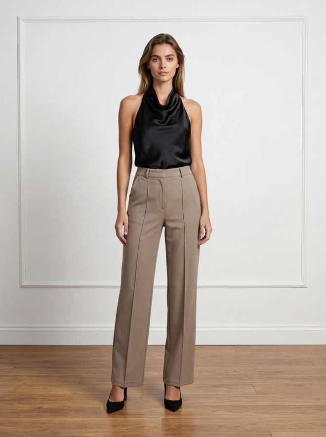 Ouz Fashion Беж Панталоне Чинос Са Широком Ногавицом И Високим Струком Велепродаја одеће Неформалан