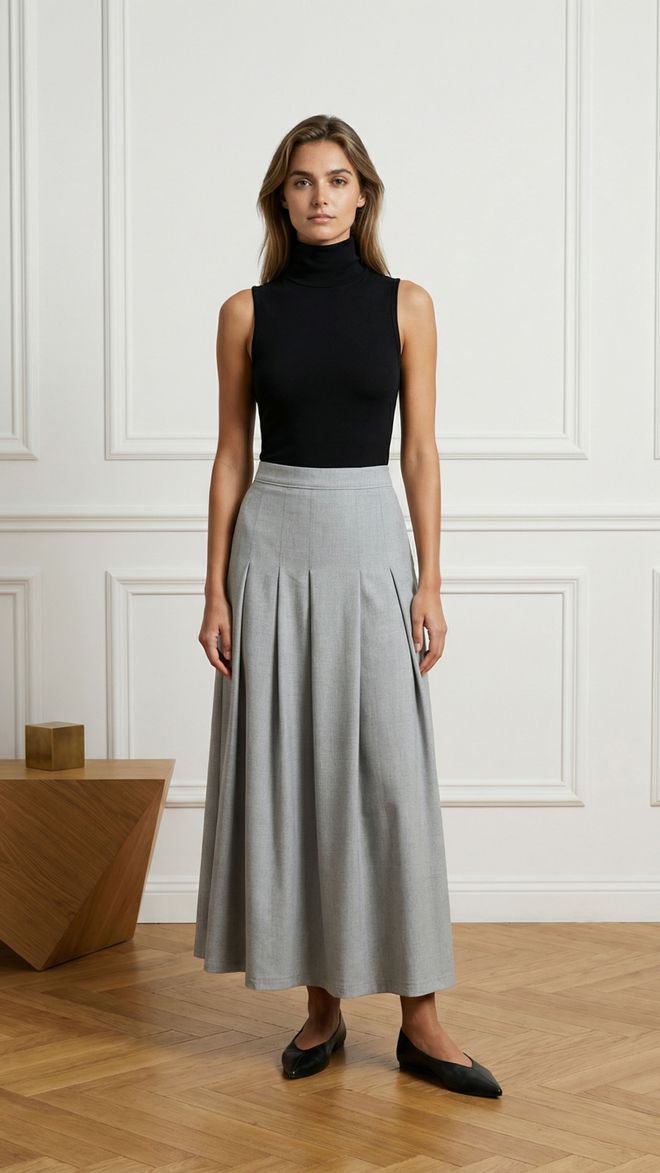 Ouz Fashion Eleganter Grauer Plissierter Maxi Rock Mit Hoher Taille Großhandelskleidung Modest