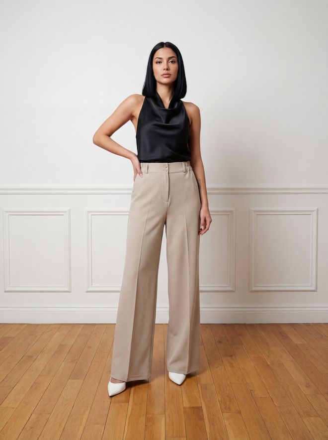 Ouz Fashion Beige Palazzo Hose Mit Weitem Bein Und Knopfleiste Großhandelskleidung Lässig