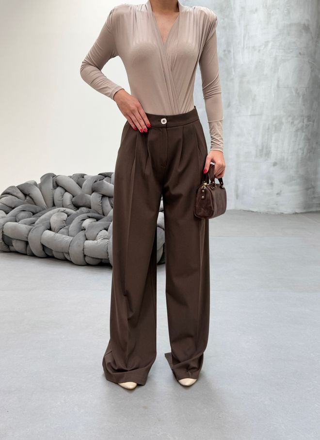 Ouz Fashion Brown Palazzo Pants High Waist Wide Leg Buttoned Wholesale Clothing Formal