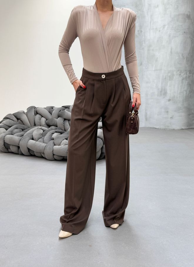 Ouz Fashion Brown Palazzo Pants High Waist Wide Leg Buttoned Wholesale Clothing 5