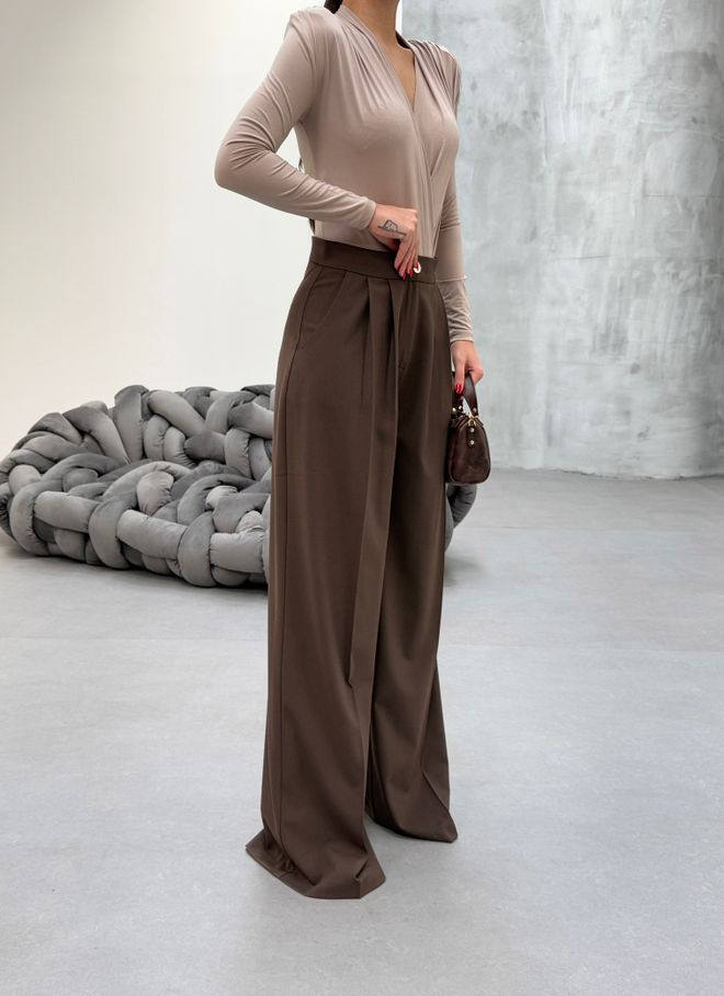 Ouz Fashion Brown Palazzo Pants High Waist Wide Leg Buttoned Wholesale Clothing Work