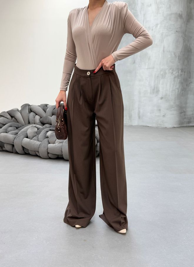 Ouz Fashion Brown Palazzo Pants High Waist Wide Leg Buttoned Wholesale Clothing Spring