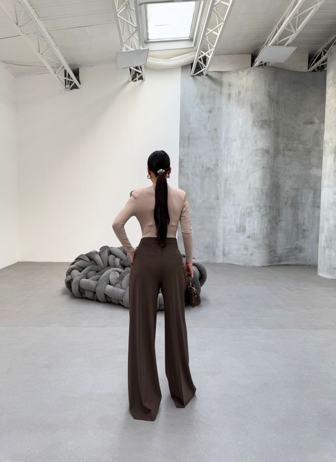 Ouz Fashion Brown Palazzo Pants High Waist Wide Leg Buttoned Wholesale Clothing 1