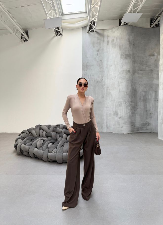 Ouz Fashion Pantalón Palazzo Marrón De Cintura Alta Pierna Ancha Y Abotonado Ropa al por mayor Casual