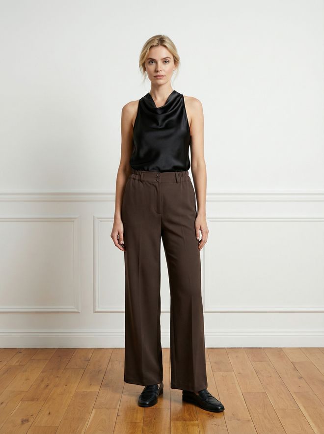 Ouz Fashion Pantalón Palazzo Elegante Marrón Con Pierna Ancha Ropa al por mayor Casual