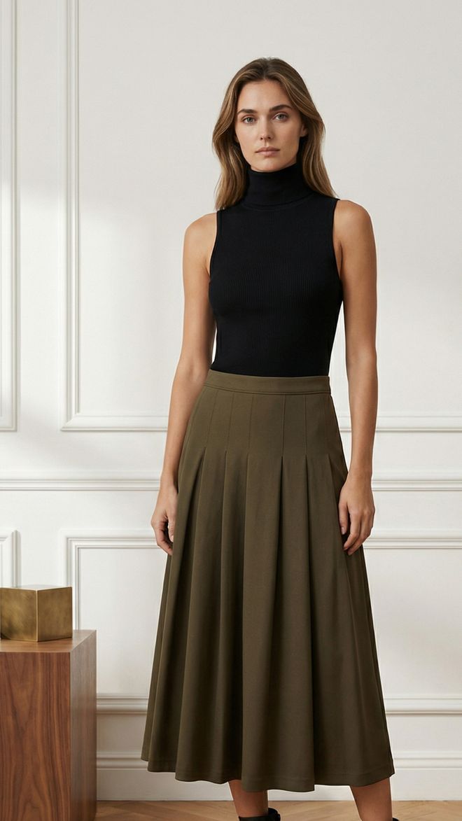 Ouz Fashion Khaki Ausgestellter Maxi Rock Mittlere Taille Lässig Elegant Großhandelskleidung Lässig